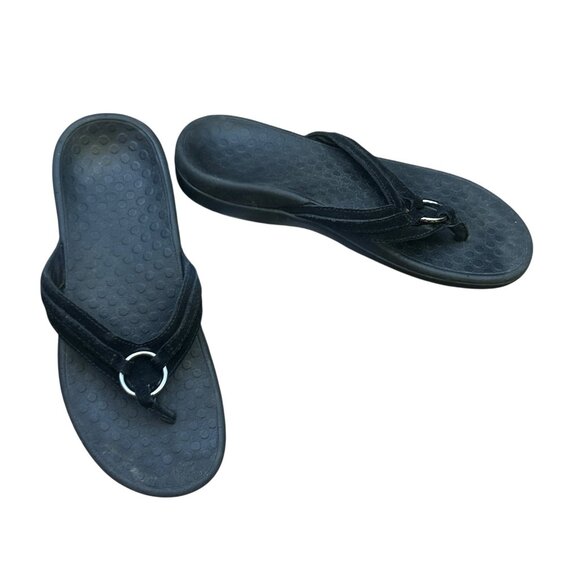 Vionic Black Suede Leather Tide Aloe Toe Post Ortho Heel Thong Sandals Size 7 - Picture 1 of 11